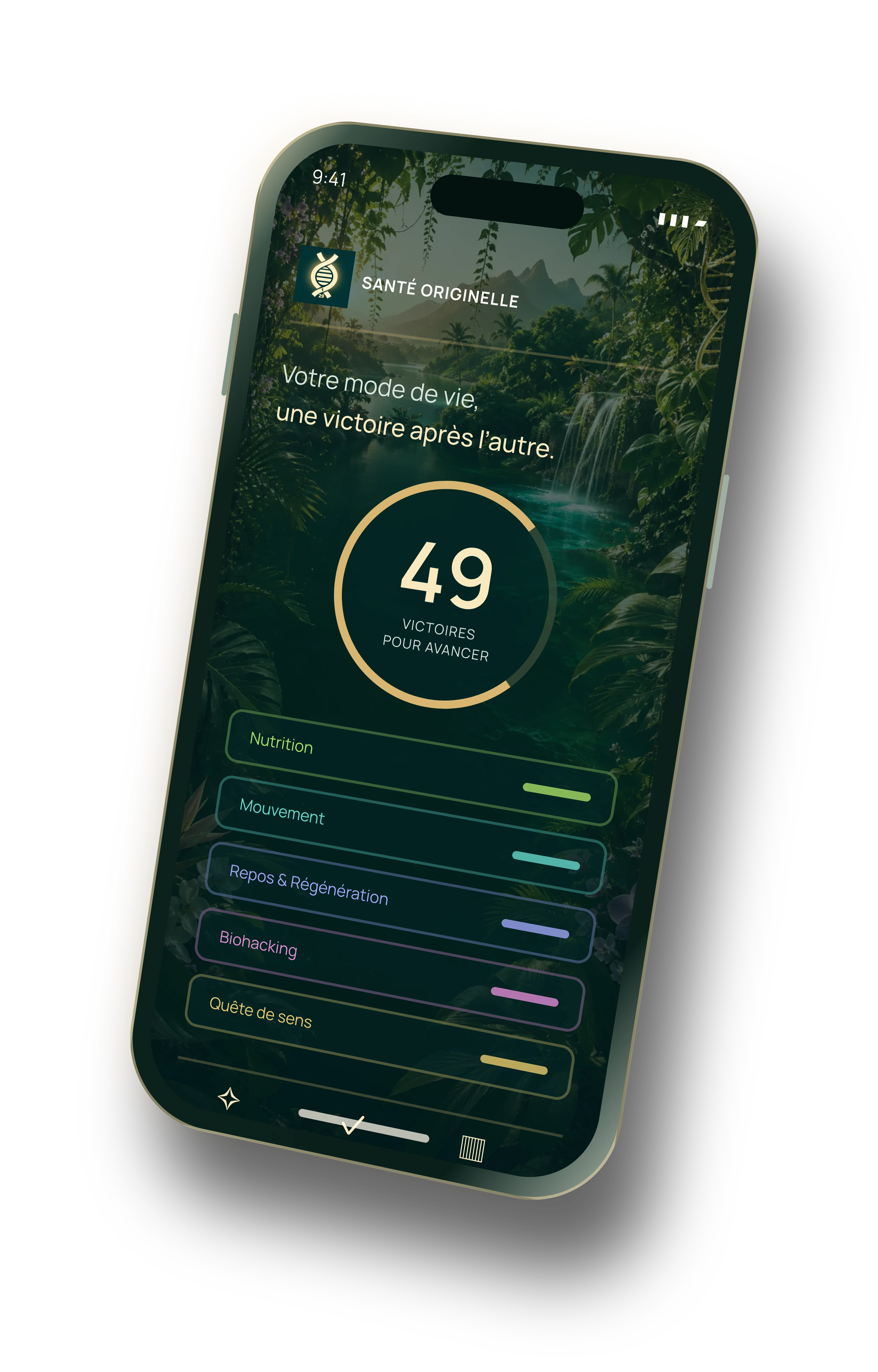 Maquette de l’application Santé Originelle sur un iPhone doré : cinq piliers et 49 victoires