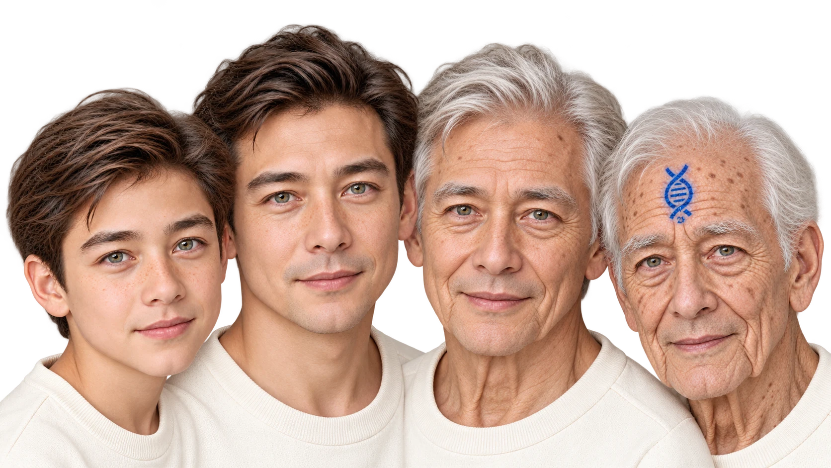 Quatre visages d’une même personne, de l’enfance au grand âge, avec le symbole Santé Originelle sur le front du dernier portrait.