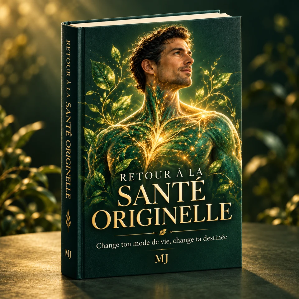 Maquette du livre Retour à la Santé Originelle de MJ, couverture verte et dorée illustrée d’un homme et de feuillages lumineux.