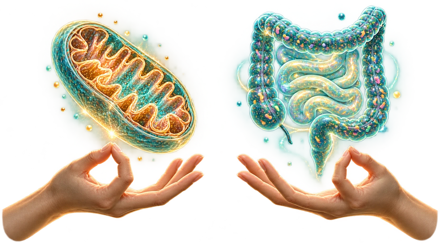 Deux mains en geste de méditation soutiennent une mitochondrie ouverte et un intestin stylisé lumineux, symbolisant la rencontre entre Science et Traditions.