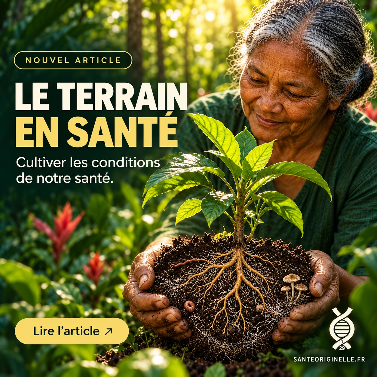 Cultiver les conditions de notre santé : illustration symbolique du terrain, avec racines, champignons et terre fertile.