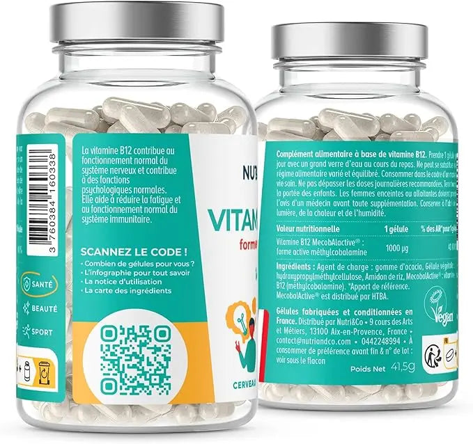 Vitamine B12 Vegan 1000 mcg - Méthylcobalamine Brevetée Pure & Biodisponible - Haute Absorption - Anti Fatigue & Immunité - 120 gélules Sans Gluten - Nutri&Co - Conditionné en France Santé Originelle