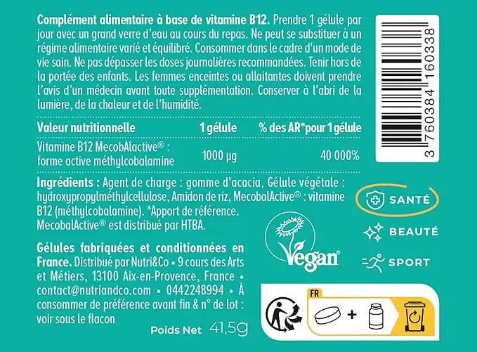 Vitamine B12 Vegan 1000 mcg - Méthylcobalamine Brevetée Pure & Biodisponible - Haute Absorption - Anti Fatigue & Immunité - 120 gélules Sans Gluten - Nutri&Co - Conditionné en France Santé Originelle